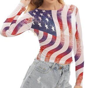 July 4th American Flag Sheer Mesh Shirt Independence Day USA y2k red white blue